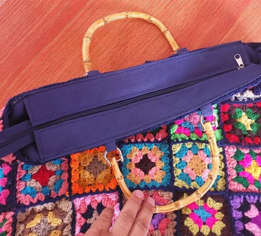 Knitting Kits Granny Square Handmade Crochet Big Bag Ethnic Style Purse Handbag With Wooden Hand-held Woven Shoulder Bag Peaceful Pleasures Health and Wellness