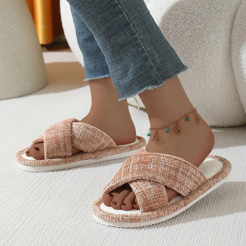 Women's Anti-Slip Cross Strap Flat Slides & Summer Slippers