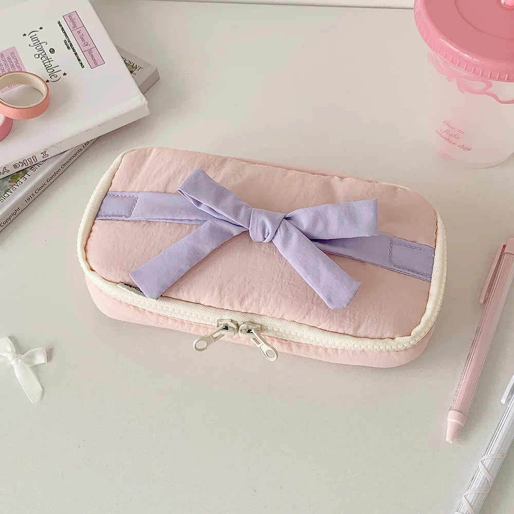 Soft Fabric Pencil Case Student Simple Bow Storage Bag Stationery Bag DIY Journal Desktop Storage Bag Practical Stationery Bags Peaceful Pleasures Health and Wellness Pink