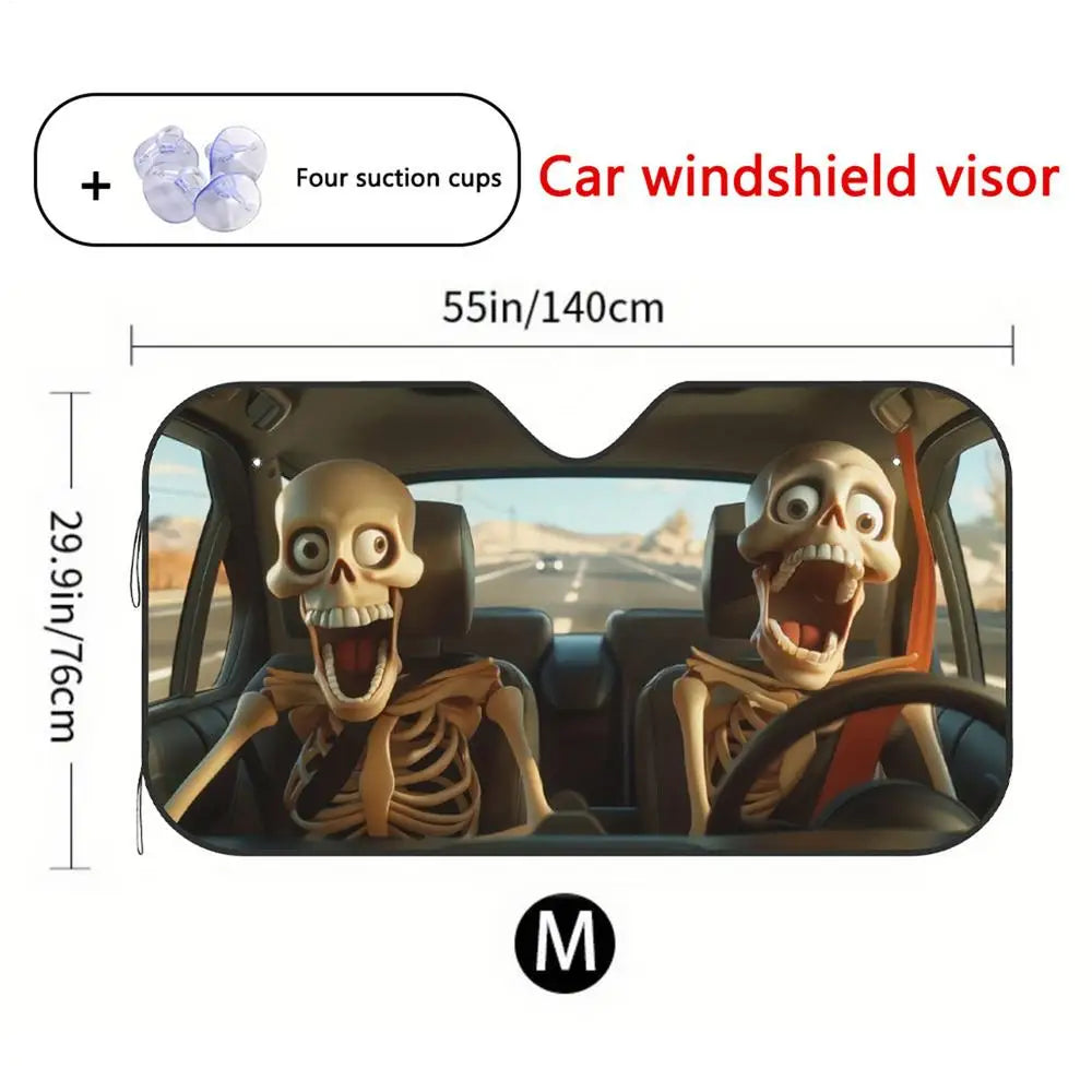 Car Sun Screen Visor Windshield Shade Foldable Shield With Suction Cup Window Covers UV Protection Summer, Fun Vehicle Accessory Peaceful Pleasures Health and Wellness Skull 140x76cm