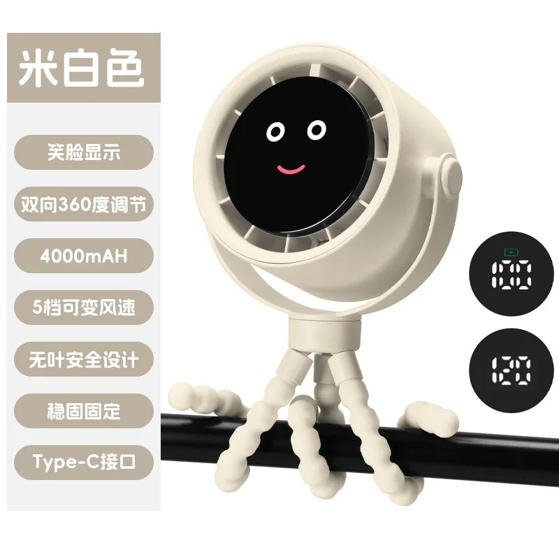 URGGU Smiling Face Clip Fan – USB Rechargeable, 5 Speeds