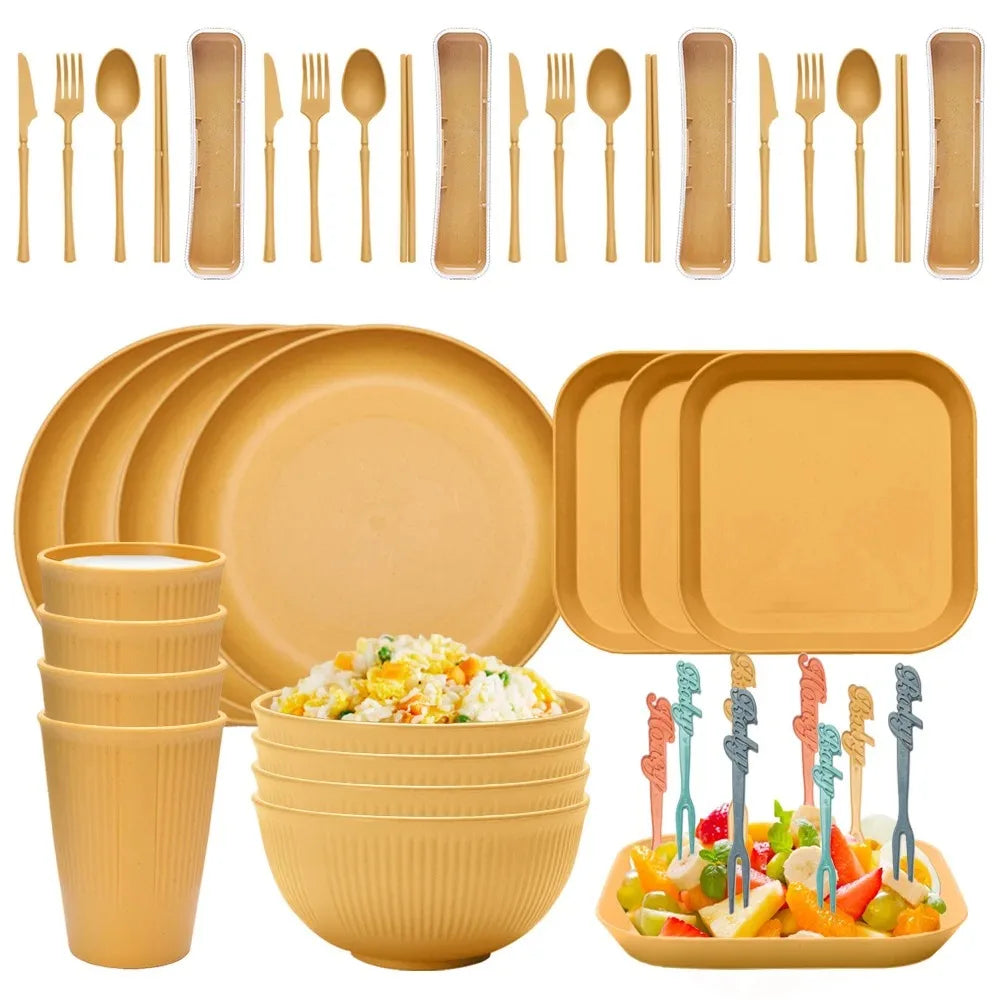 48-Piece Wheat Straw Eco-Friendly Dinnerware Set for 4 – BPA-Free Plates, Bowls, Mugs & Cutlery for Home & Camping