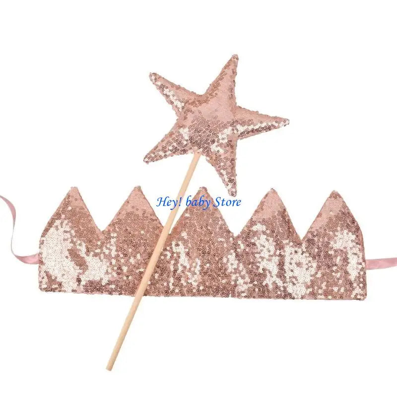 Baby Girl Glitter Crown Hairband & Fairy Star Wand Set | Photo Prop