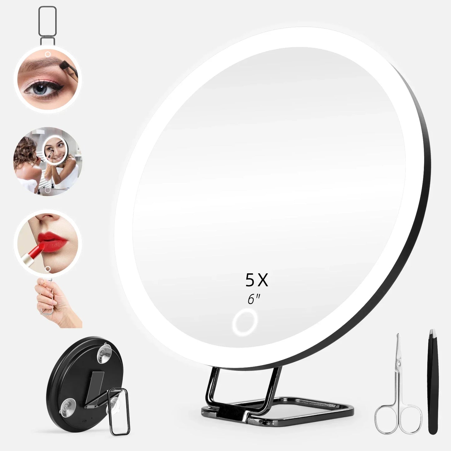 6 Inch Magnifying Mirror with Light 5-30X Portable Travel Magnified Mirror with 360° Adjustable Stand and Suction Cup Peaceful Pleasures Health and Wellness 5X- Black