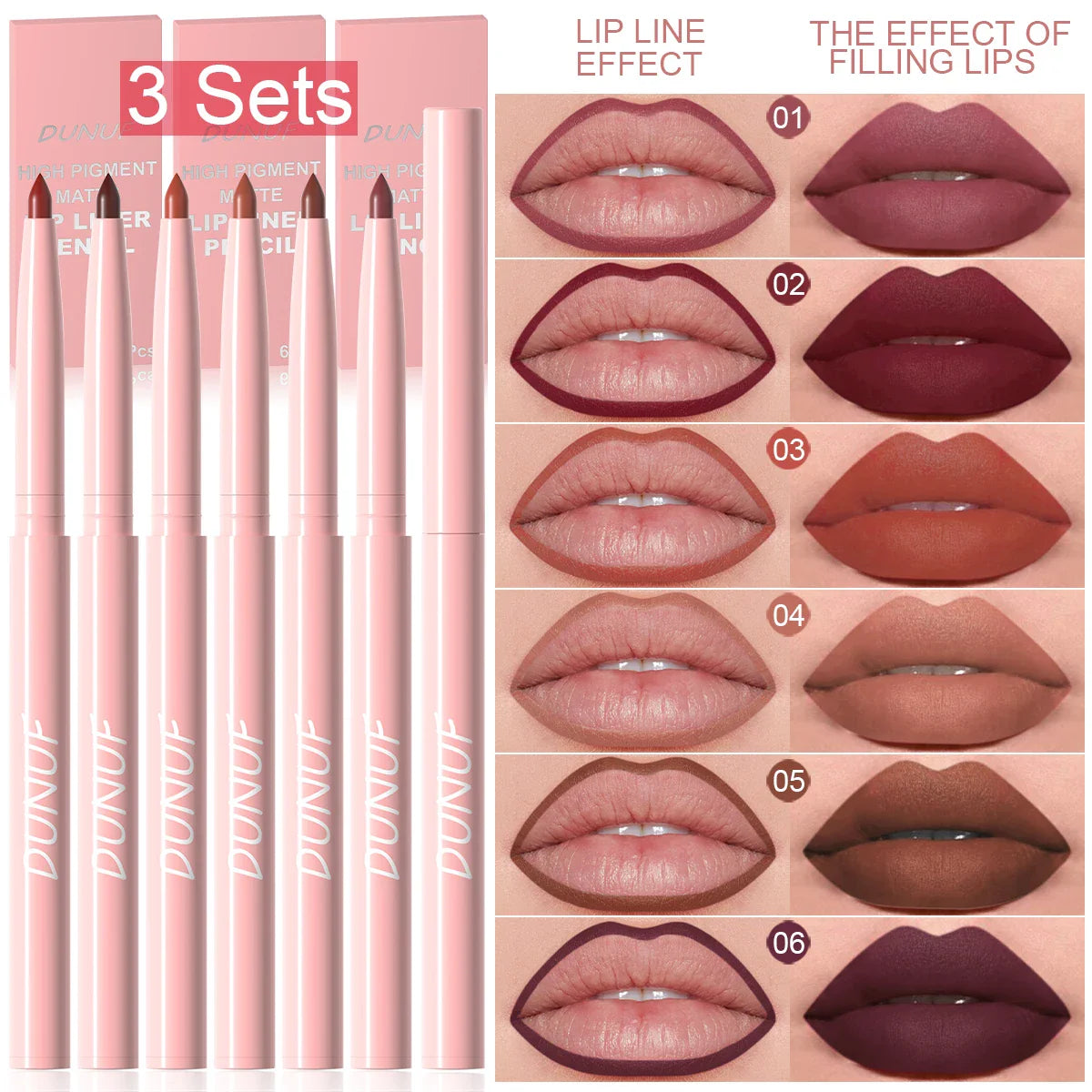 DUNUF 6-Piece Waterproof Lip Liner Set – Long-Lasting Color