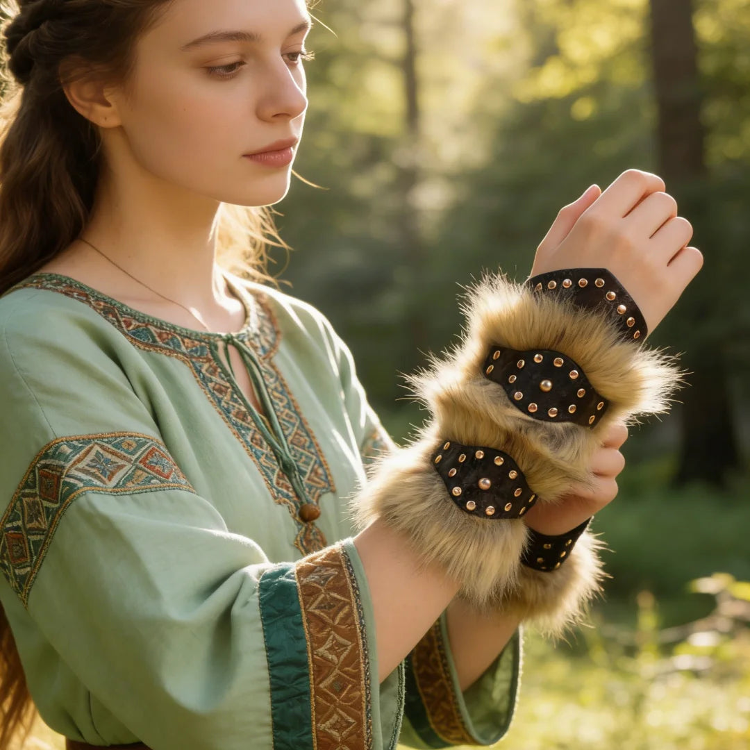 Faux Leather Wrist Guards Medieval Steampunk Arm Bracers Fur Armor