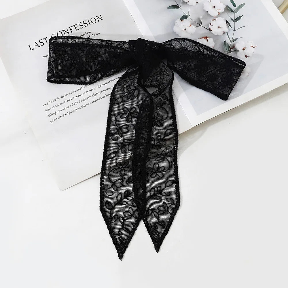 Women's Floral Embroidered Narrow Long Scarf Y2K Ribbon Headscarf