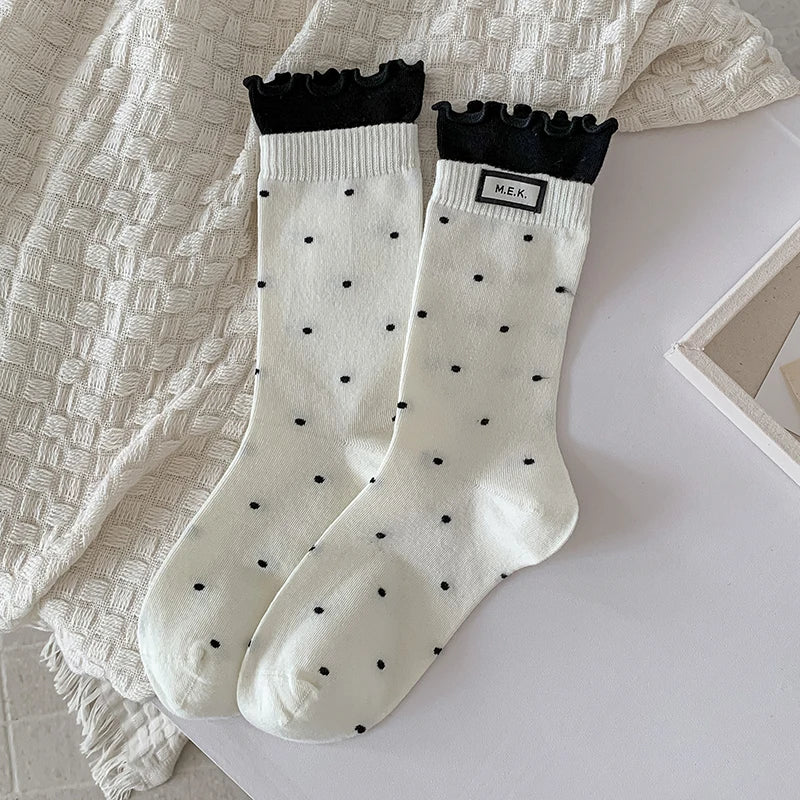 Socks For Women New Dots Cute Frilly Casual Fashion Long Socks Breathable Preppy Style Ladies Novelties Socks Cotton Soft Comfy Peaceful Pleasures Health and Wellness White One Size