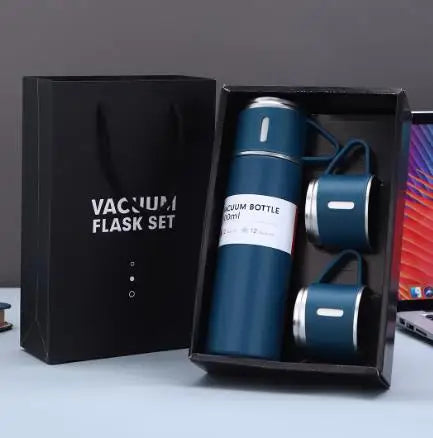 One Cup Three Lid Thermos Cup Set 304 Stainless Steel Handle Lid Gift Cup Men's And Women's Portable Gift Box Set Peaceful Pleasures Health and Wellness Blue 401-500ml