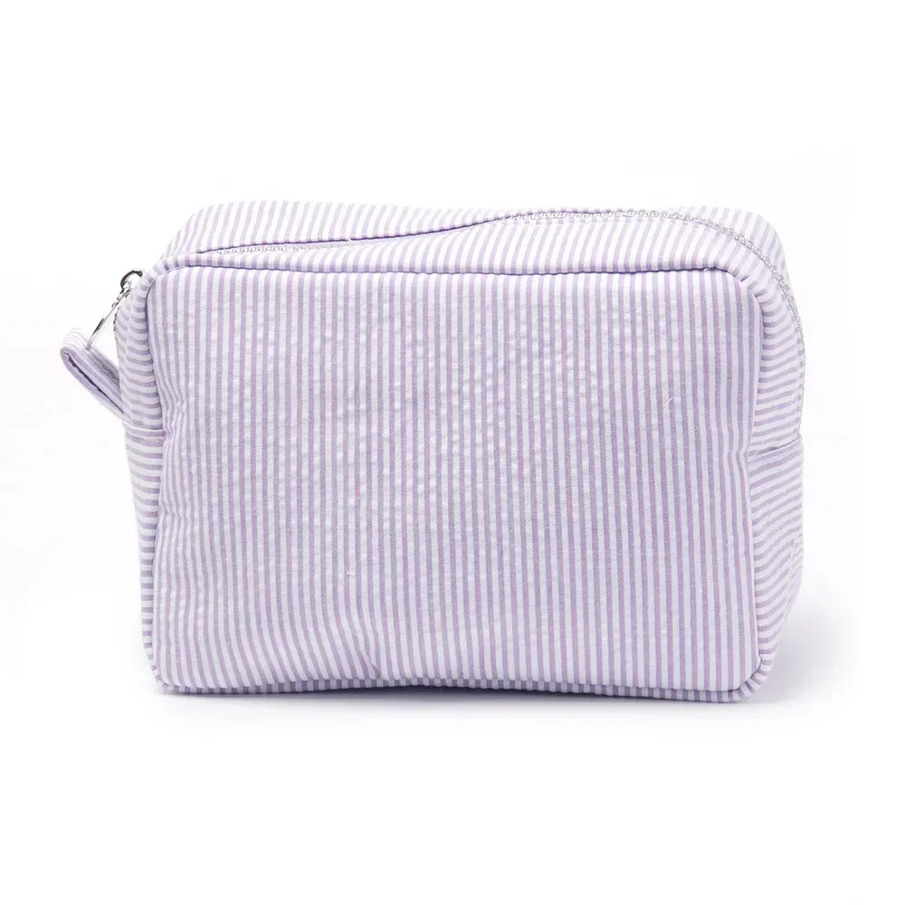 Seersucker Ruffle Cosmetic Bag – Pink & Purple Makeup Bag Cosmetic Makeup Bag Peaceful Pleasures Health and Wellness PURPLE