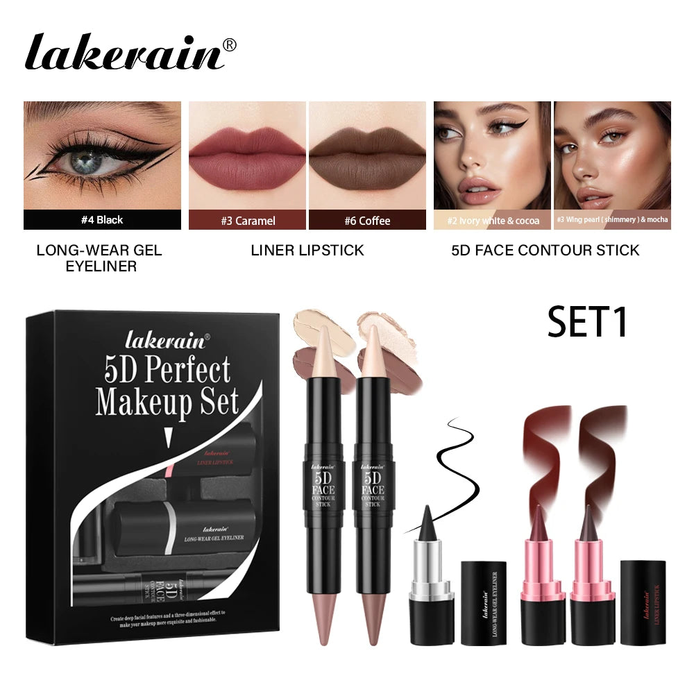 5pcs Perfect Makeup Set With Contouring Stick Eyeliner And Lipstick Easy Coloring Sweatproof Long Lasting Daily Makeup Set Peaceful Pleasures Health and Wellness set 1
