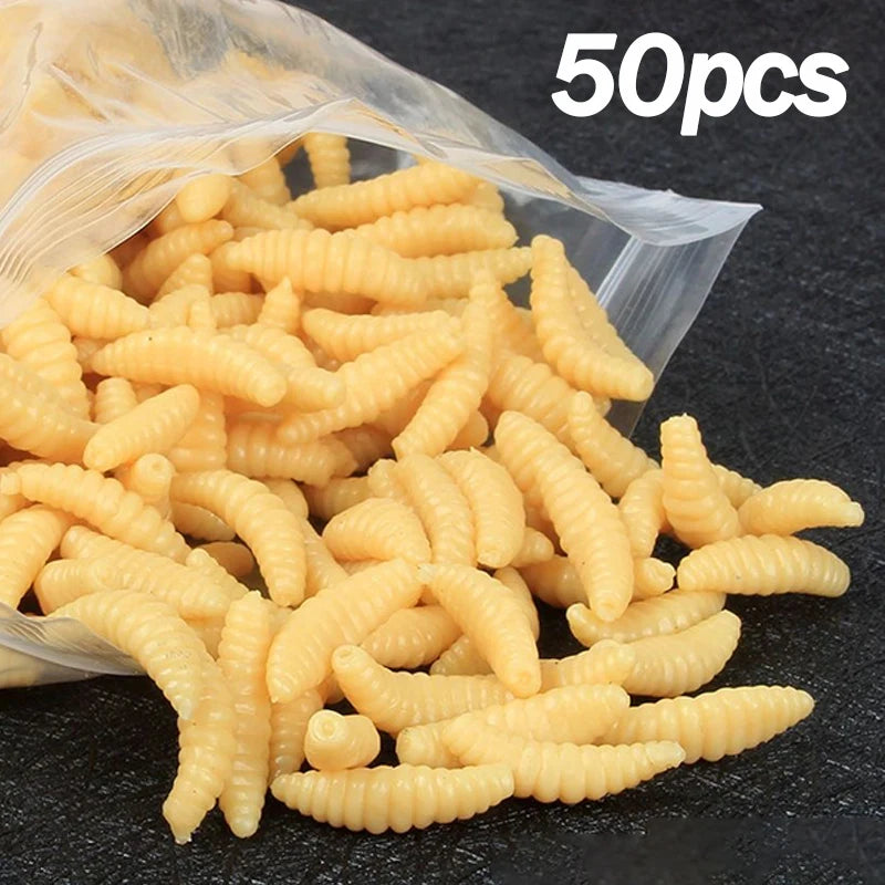 Bread Scent Soft Silicone Grub Lures, 50Pcs Lifelike Artificial Maggot Worms, Glowing Bait Gear for Freshwater Fishing Peaceful Pleasures Health and Wellness DY02-B