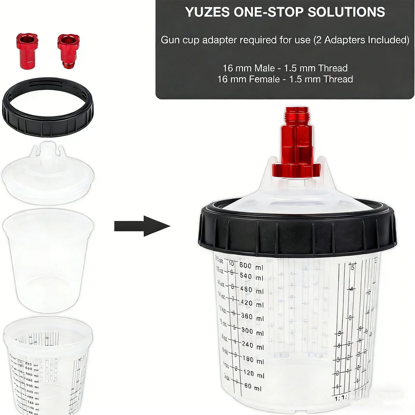 Spray Gun Cup Liners and Lid System Disposable 50pcs 20.3oz Liners 1 Hard Cup 1 Fixing Ring 10 Plugs 1 Mixing Rod 2 Adapters Peaceful Pleasures Health and Wellness