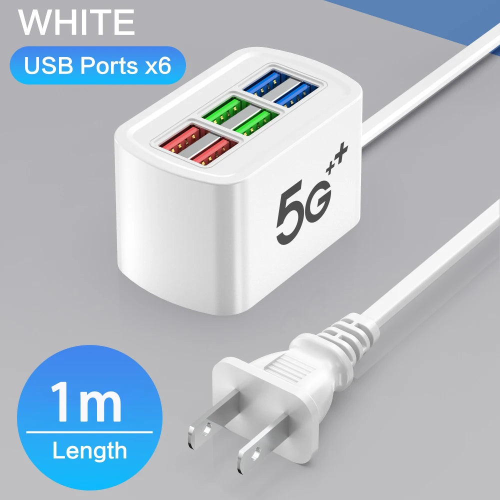 6-Port USB QC 3.0 Fast Charger | EU & US Travel Adapter