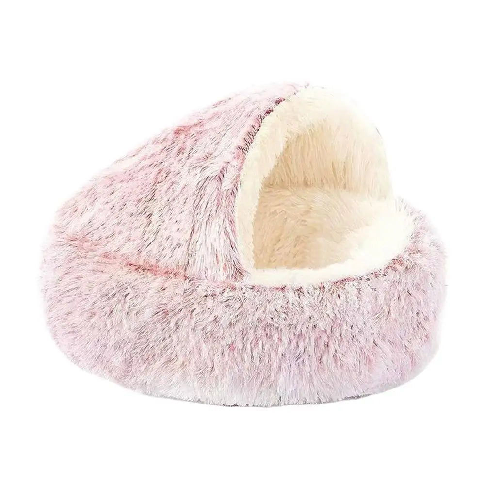 Winter Plush Round Cat Bed – Warm Semi-Enclosed Kitten Nest