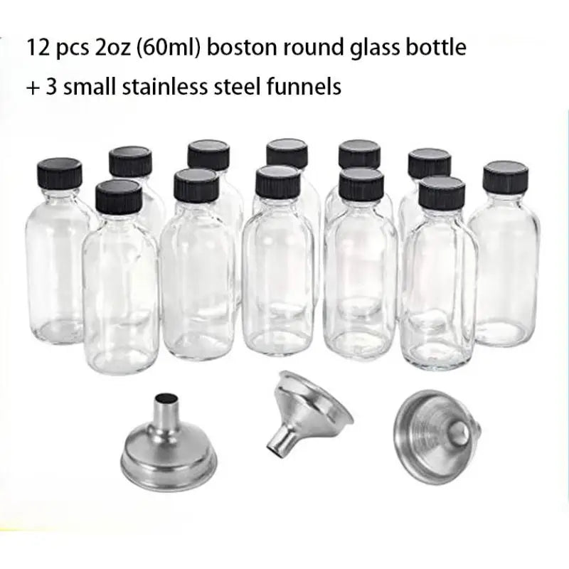12-Pack 2oz Clear Glass Bottles with Lids & Funnels – 60ml