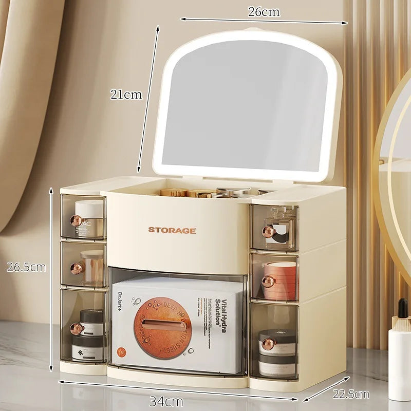 Large Capacity Cosmetic Storage Box with Mirror Dustproof Multifunctional Makeup Organizer Shelf for Vanity Table Home Use Peaceful Pleasures Health and Wellness Cream without Light