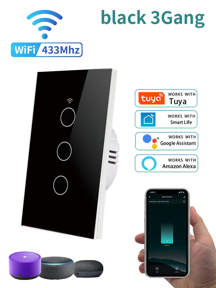 Tuya WiFi Smart Switch US Standard Touch Switch 433Mhz Wireless Remote Voice Control Alexa Google Home No Neutral Wire Required Peaceful Pleasures Health and Wellness black 3 gang