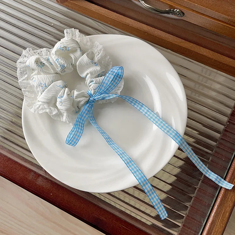 Sweet Lace Bows Scrunchie Long Ribbon Hair Rope Cute Donut Hair Band Fashion Female Hair Accessories Elegant Headdress Fashion Peaceful Pleasures Health and Wellness SKY BLUE