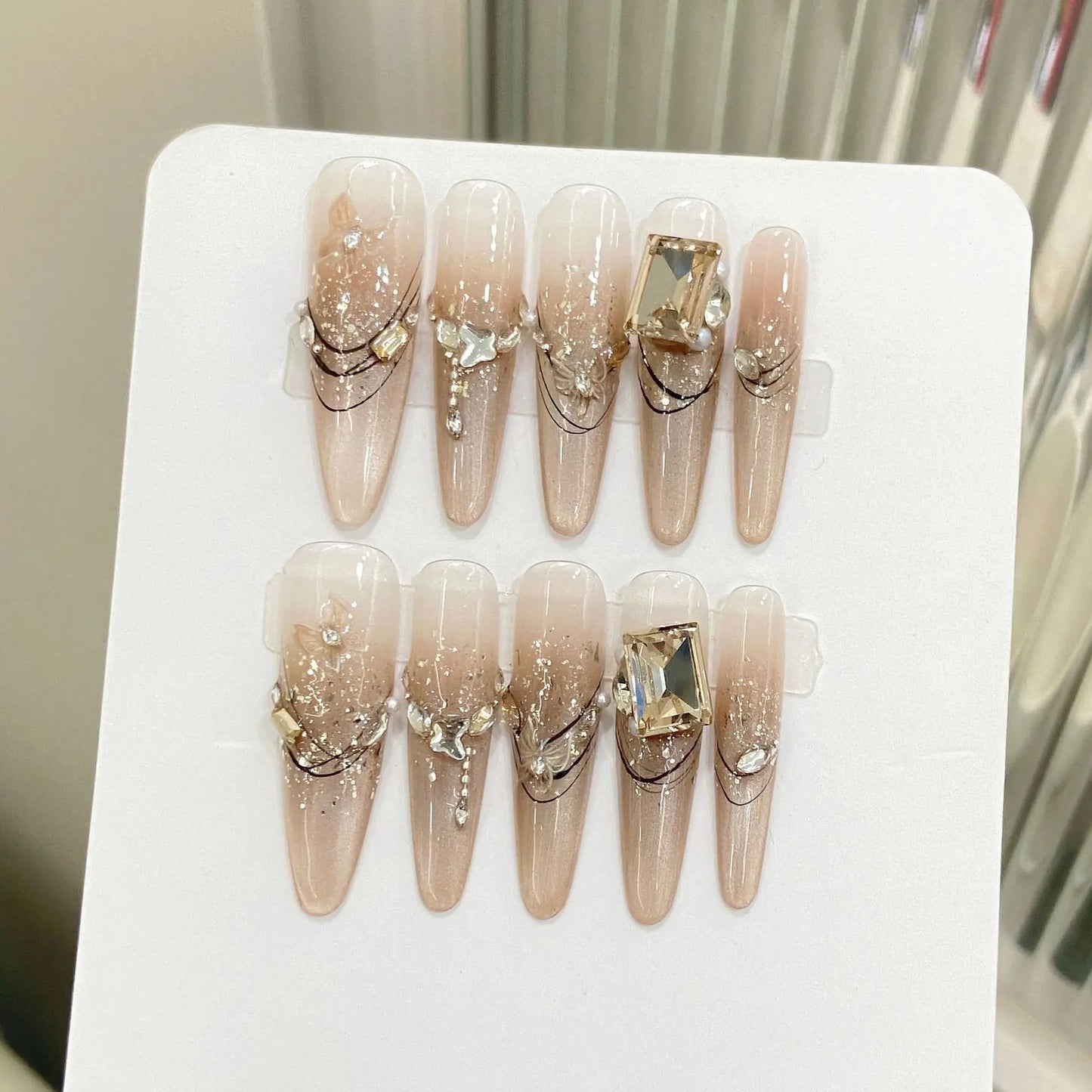 10pcs Handmade Long Oval Press on Nails Shiny Powder Rhinestone Design False Nails Wearable Full Cover French False Nail Tips Peaceful Pleasures Health and Wellness XS