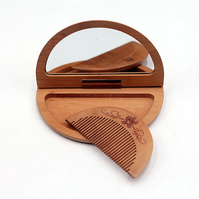 New Peach Wood Red Sandalwood Flip Mirror Folding Comb Mirror Portable Carved with Combs Makeup Mirror Portable Portable Mirrors Peaceful Pleasures Health and Wellness B
