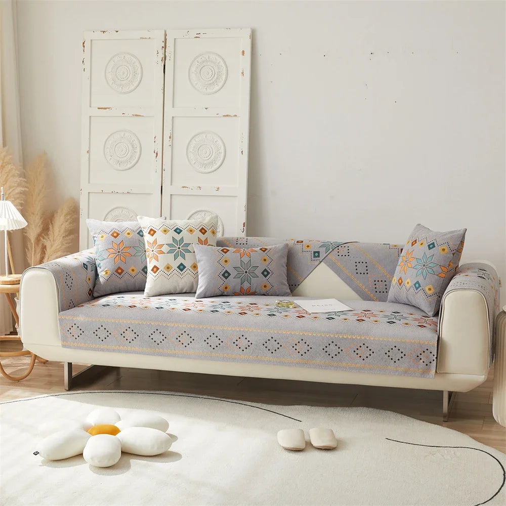 Boho Chenille Couch Sofa Covers Geometric Decor for Sofa Seater Non Slip Sectional l Shaped Furniture Protector for Home Room Peaceful Pleasures Health and Wellness Grey 1pc 90x160CM