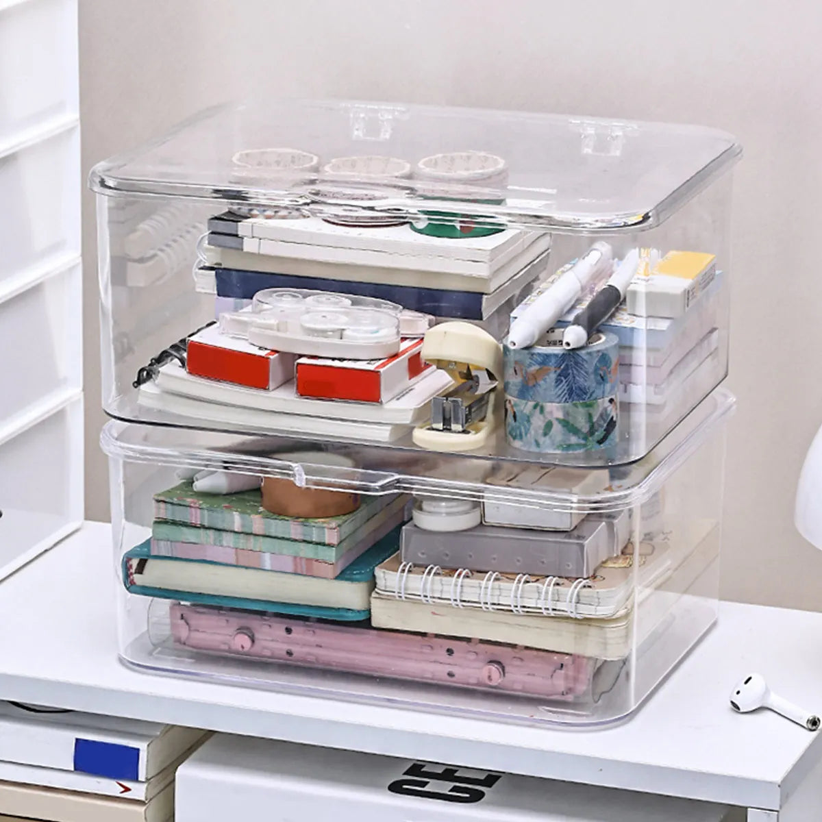 Flip Top Clear Plastic Storage Box | Desktop Organizer