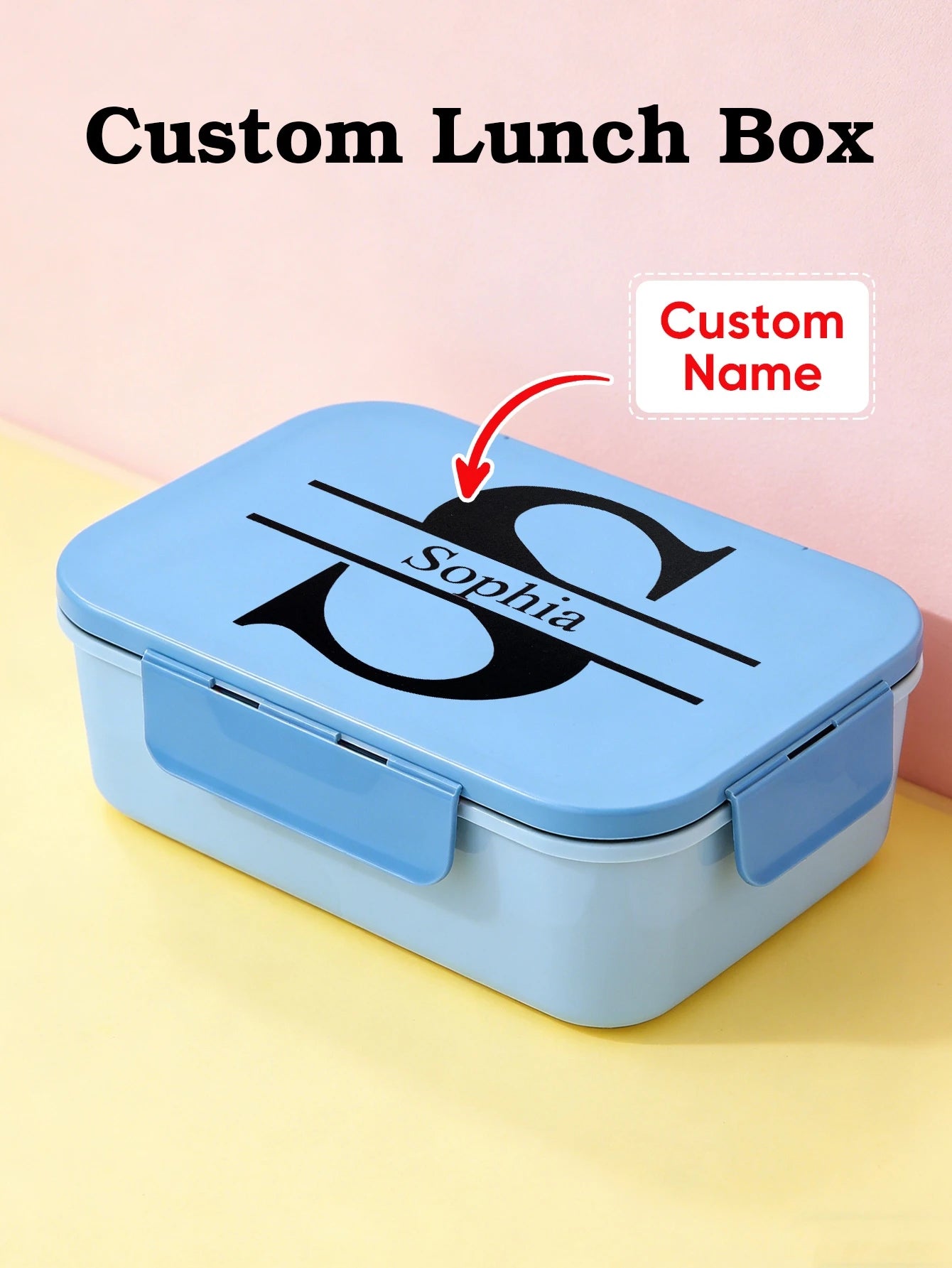 Custom Name Bento Lunch Box Portable With Fork Spoon Pink Blue Personalized Food Container For Kids Adults Work School Picnic Peaceful Pleasures Health and Wellness Blue One Size