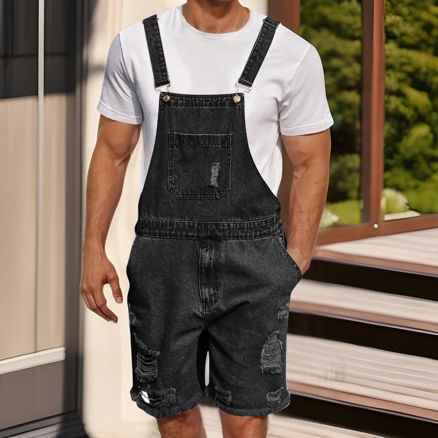 Summer Men's Vintage Jeans Overalls Elastic Denim Jumpsuit With Pockets Men Casual Button Suspenders Short Pants Peaceful Pleasures Health and Wellness Black M