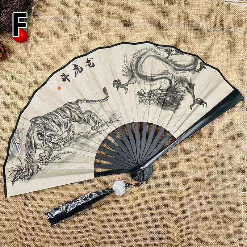 8 Inch China-Chic Fan Guofeng Folding Fan Double Sided Silk Ink Painting Chinese Fan With Tassel Antique Male Folding Fan Peaceful Pleasures Health and Wellness dragon tiger