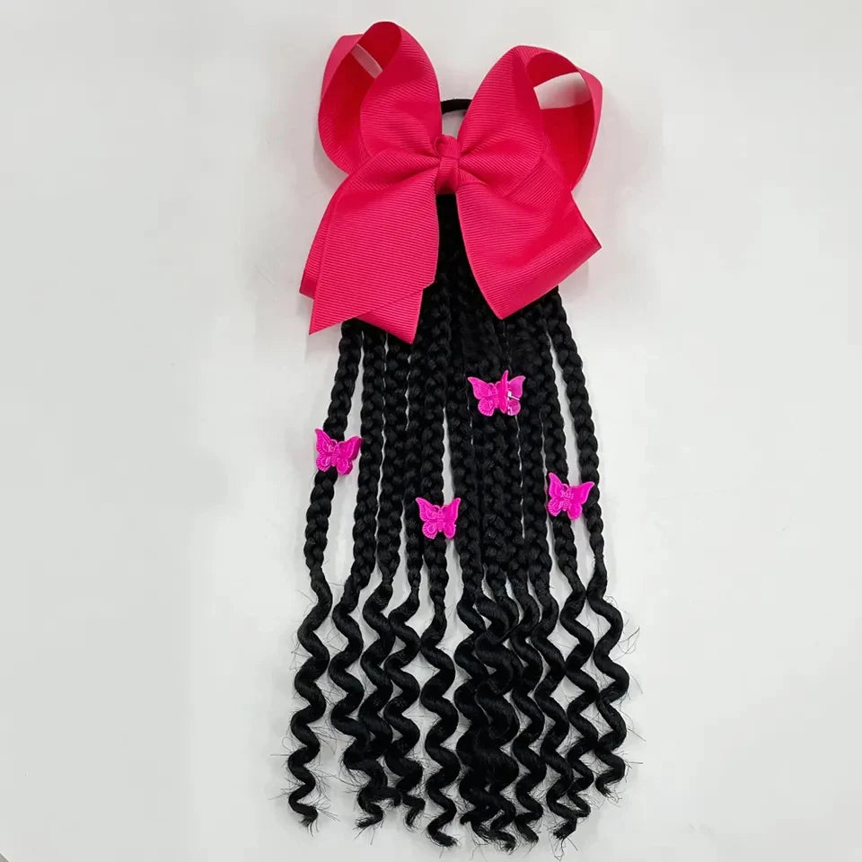 Kids Braided Ponytail with Beads and Bow Kids Hair Extension Ponytail with Curly End for Girls Black Girl Hair Accessories Peaceful Pleasures Health and Wellness rose red