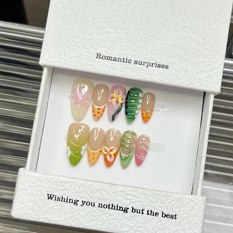 10pcs Handmade Dopamine Press on Nails French Style 3D Tropical Flower Decor Fake Nails Wearable Romantic Almond False Nail Tips Peaceful Pleasures Health and Wellness L