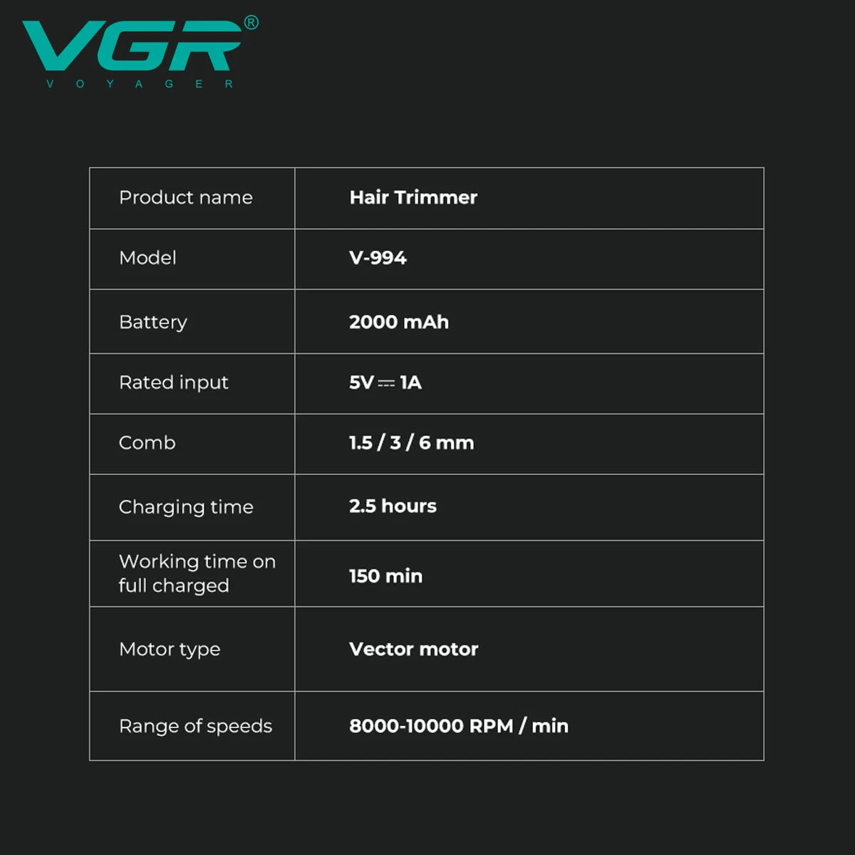 VGR High end Electric Hair Clipper Metal Body Hair Trimmer Powerful Power Electric Carving Pusher Personal Hair Care Set V-994 Peaceful Pleasures Health and Wellness