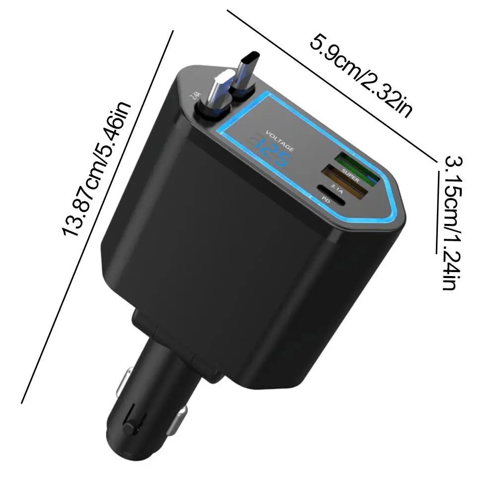 120W 4-in-1 Fast Car Charger – Retractable Cable & 2 USB Ports