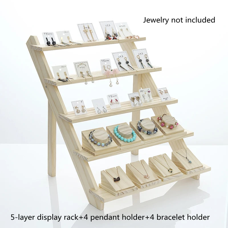2/3/4/5-Layer Wooden Ear Stud Holder Earring Stand Display Rack Luxury Jewelry Display Holder Rack Tower Ear Card Display Stand Peaceful Pleasures Health and Wellness 5 Tier Set