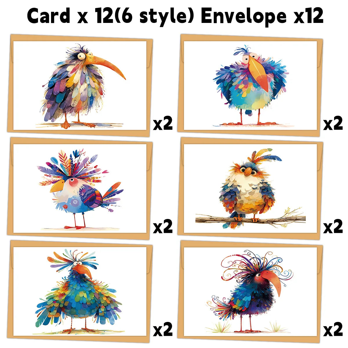 Funny Bird Watercolor Thank-you Card Handwritten Blank Postcards
