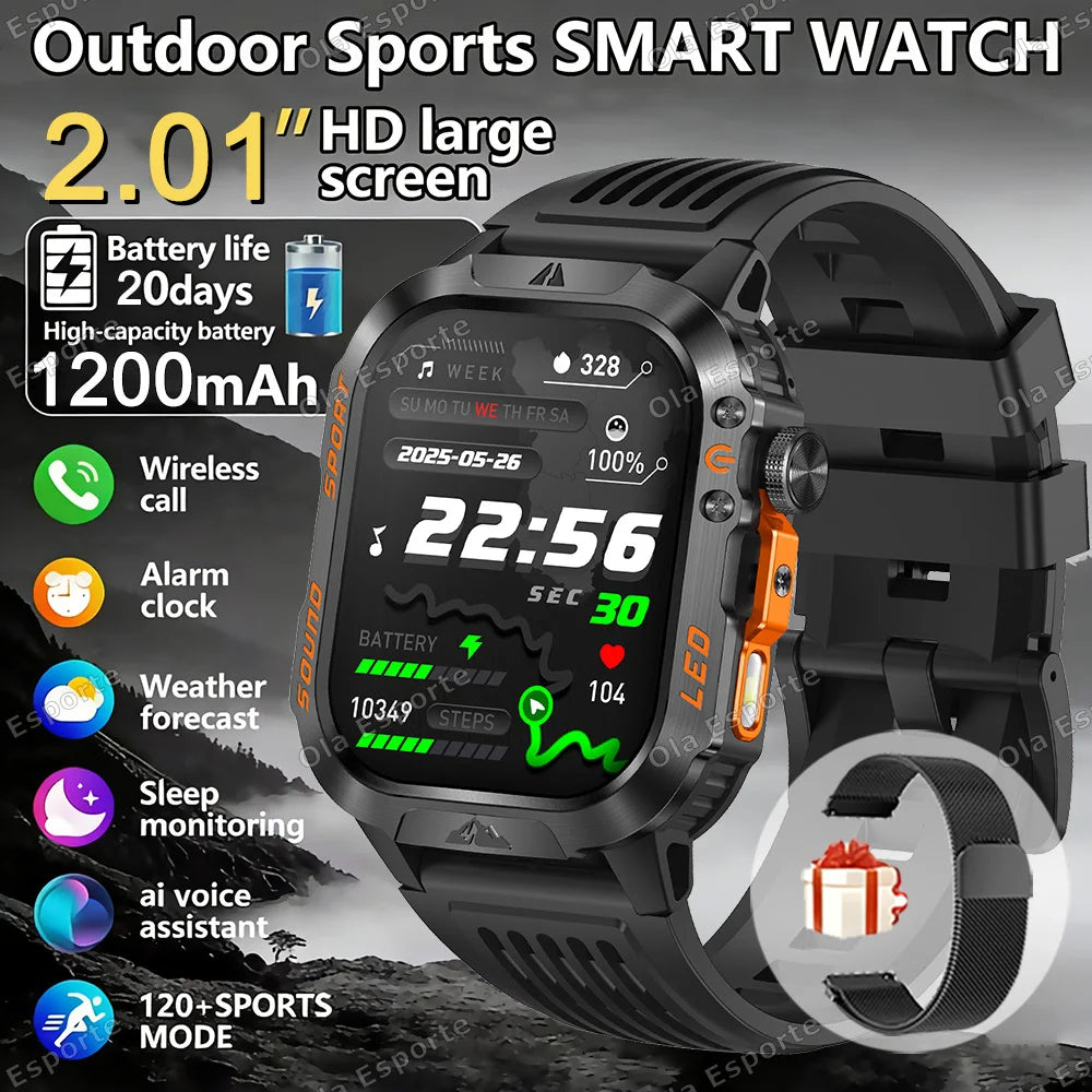 Military Smart Watch Men | 1200mAh, Flashlight, IP68 Bluetooth