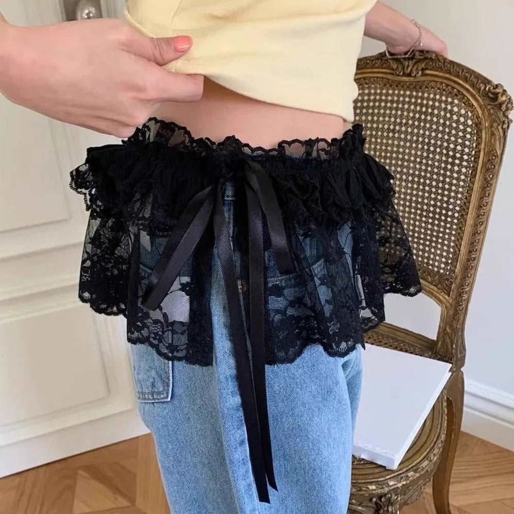 Y2K Embroidered Lace Mini Skirt – Ruffle See-Through Pleated