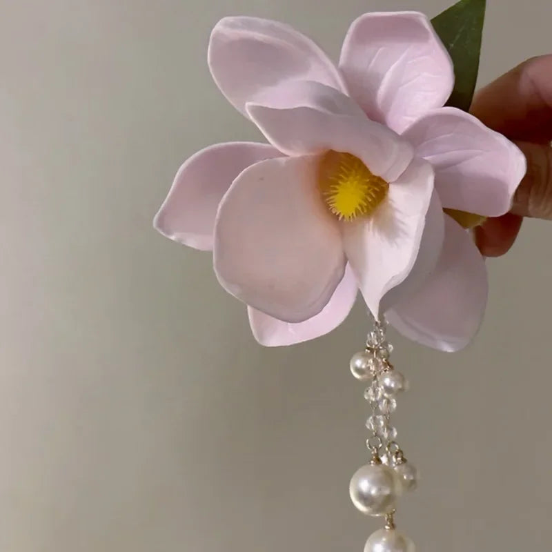 Pink Magnolia Pearl Tassel Hair Clip New Chinese Style Gentle and High End Feeling Spring New Clip Headband Hair Clip Versatile Peaceful Pleasures Health and Wellness