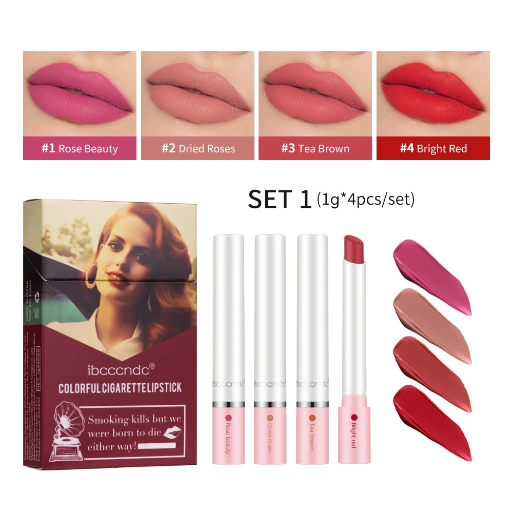 4 pcs/set Cigarette Lipstick Set Long Lasting Lip Glaze Matte Lip Gloss Waterproof Lip Stick Tube Nude Lip Tint Makeup Cosmetics Peaceful Pleasures Health and Wellness 4colors 2