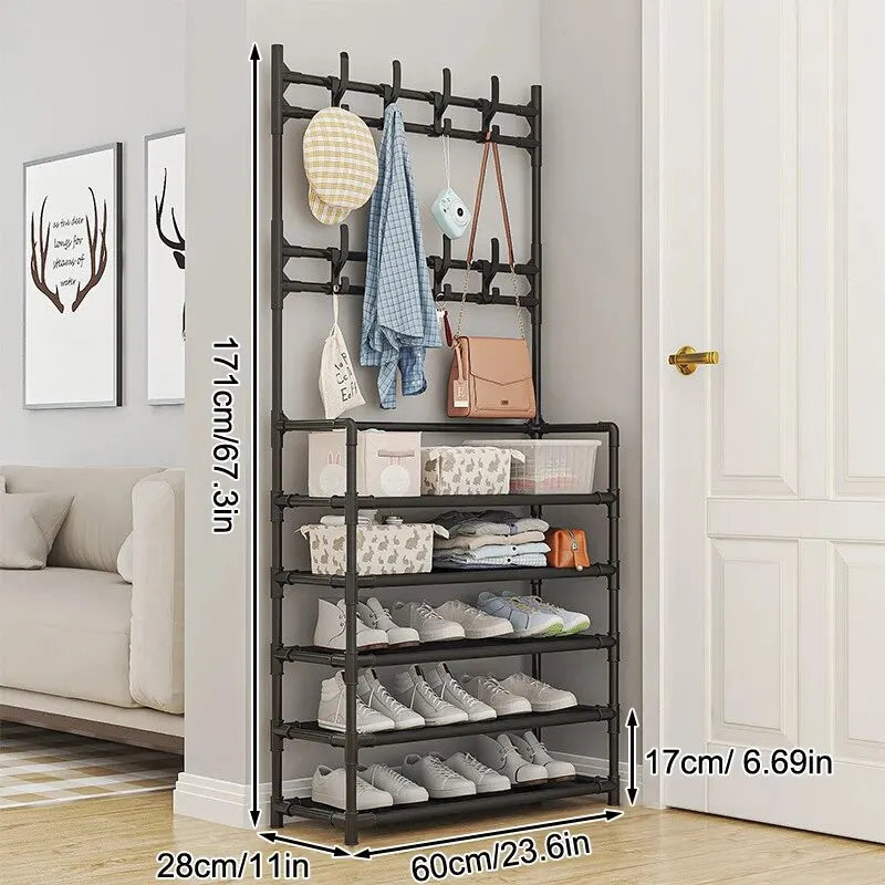 Five Layer Shoe Rack Simple Shoe Rack Integrated Storage Rack Household Shoe Rack Multifunctional Clothes Rack Coat Rack 2-piece Peaceful Pleasures Health and Wellness black color