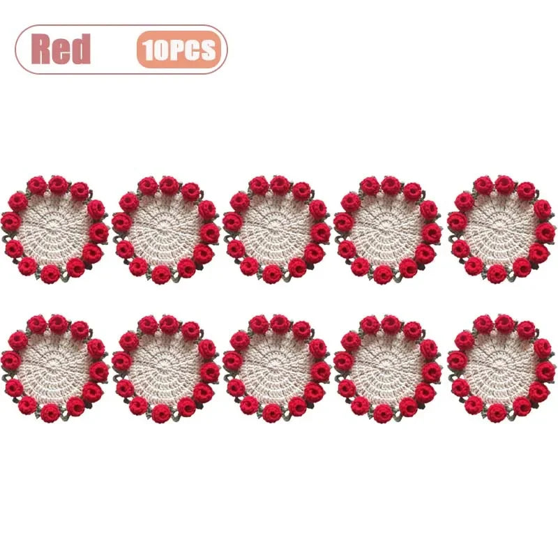 Hand Crochet Rose Flower Coasters | Heat Resistant Wool Mat Set