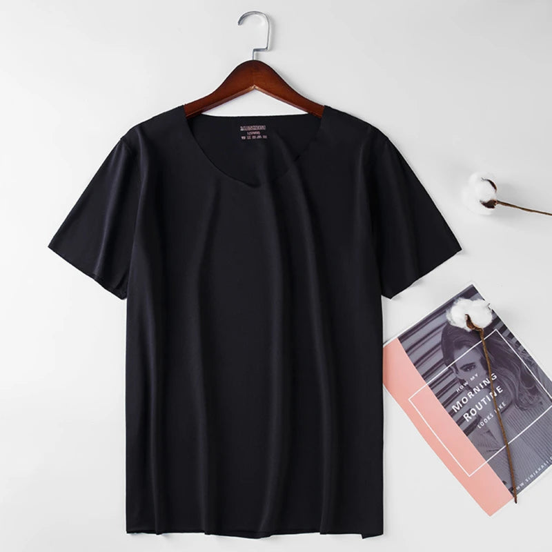 Men's Skinny Shirt Ice Silk Basic Shirts Solid Color Breathable Seamless T-shirt Men Thin Slim Bottoming V-Neck Shirt For Male Peaceful Pleasures Health and Wellness Black XXXL