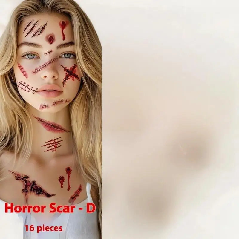 16 Sheets Halloween 3D Fake Horrible Scar Temporary Tattoos Bloody Wound & Zombie Designs For Face/Body Peaceful Pleasures Health and Wellness