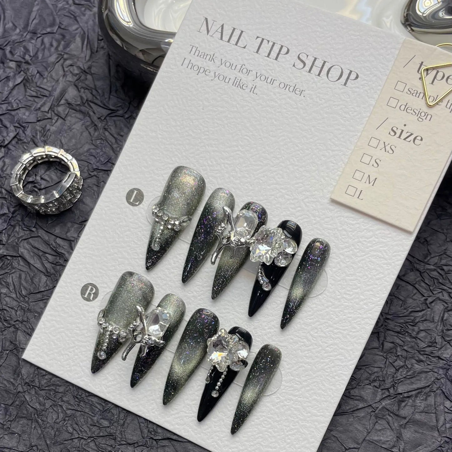 Handmade Press on Nails Punk Cool European False Nails Heavy Metal Angel Skull Decor Long Pointed Black Fake Nail Patches Peaceful Pleasures Health and Wellness XS
