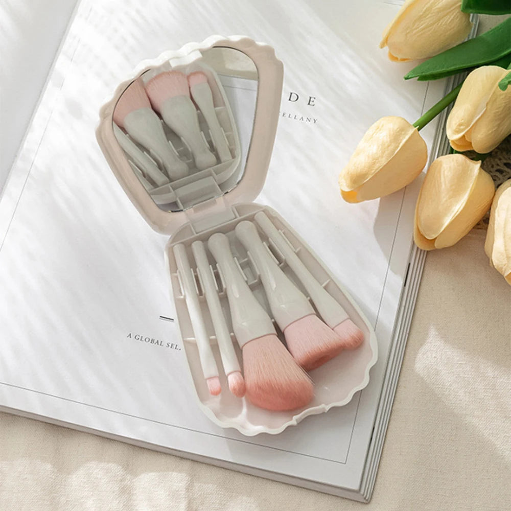 5Pcs Shell Makeup Brush Set with Mirror, Portable Travel Cosmetic Brushes, Powder Blush Eyeshadow Makeup Brushes Kit, Full Beaut Peaceful Pleasures Health and Wellness WHITE