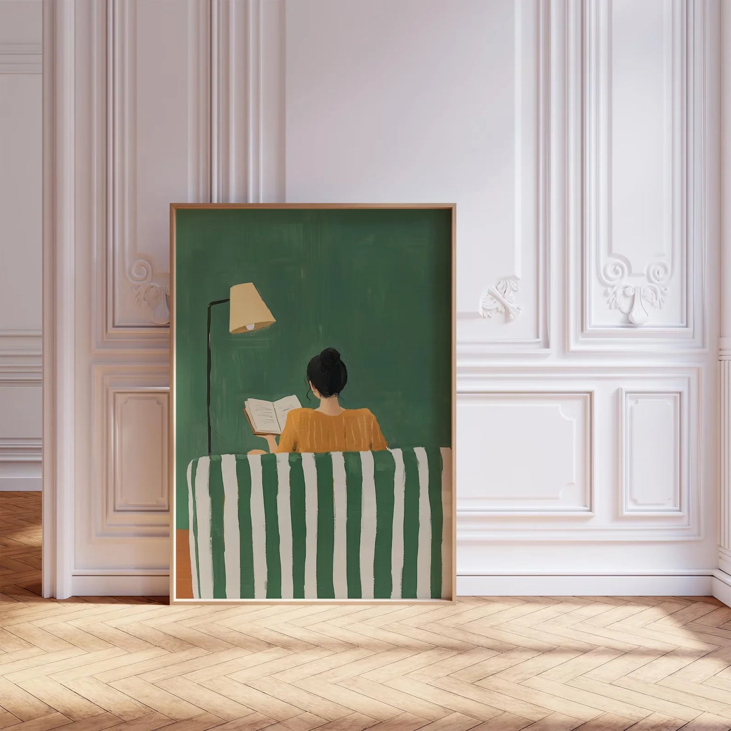 Emerald Green Reading Woman Canvas Wall Art | Minimalist Print