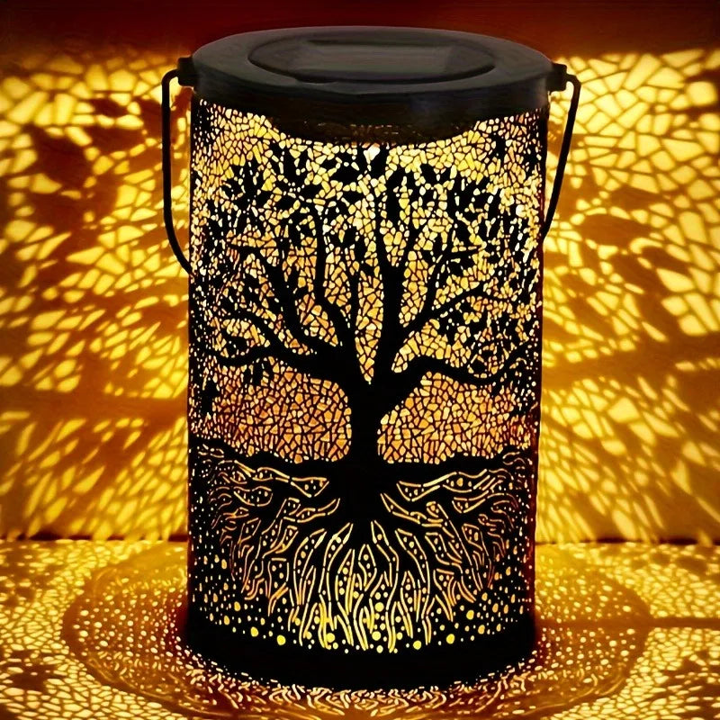 Hanging Solar Lantern Outdoor – Vintage Metal LED Tree Projection