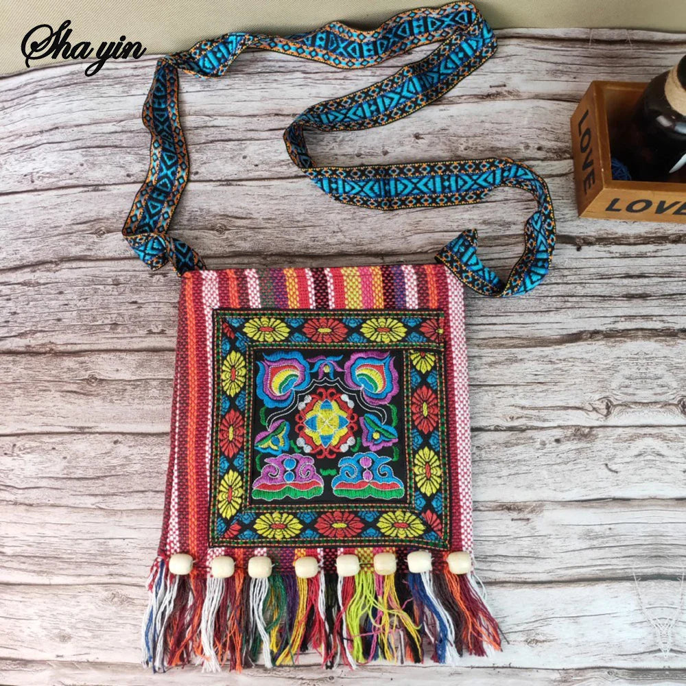 Ethnic Embroidered Linen Crossbody Bag | Tassel Bead Shoulder