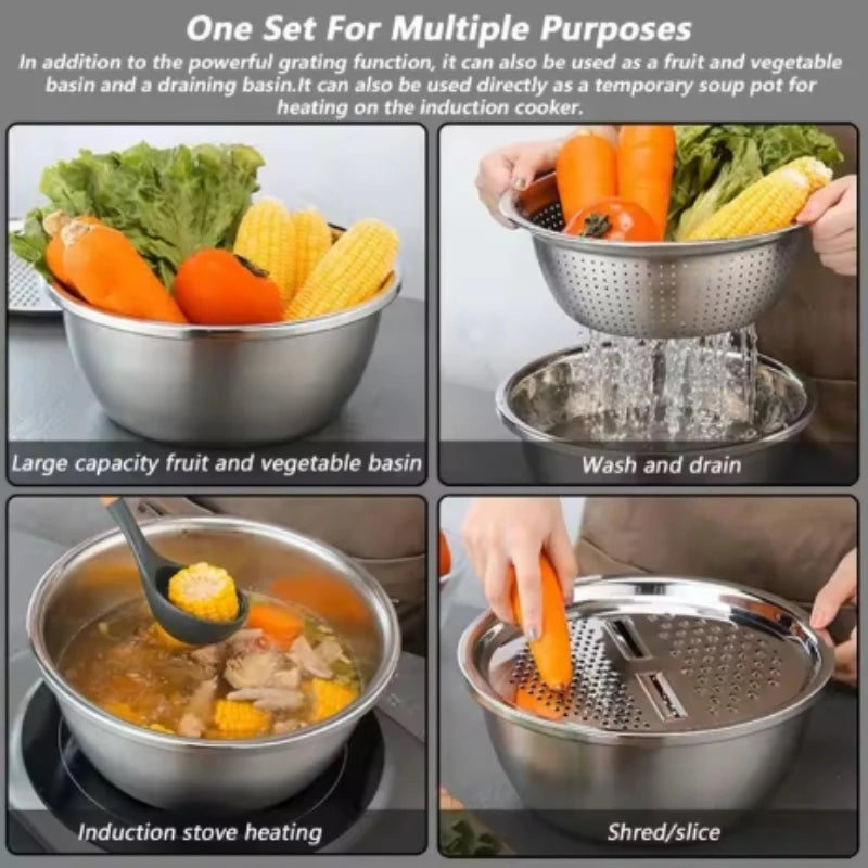3-Piece Stainless Steel Multifunctional Strainer and Mixing Bowl for Washing and Slicing Fruits Vegetables Essential for Kitchen Peaceful Pleasures Health and Wellness